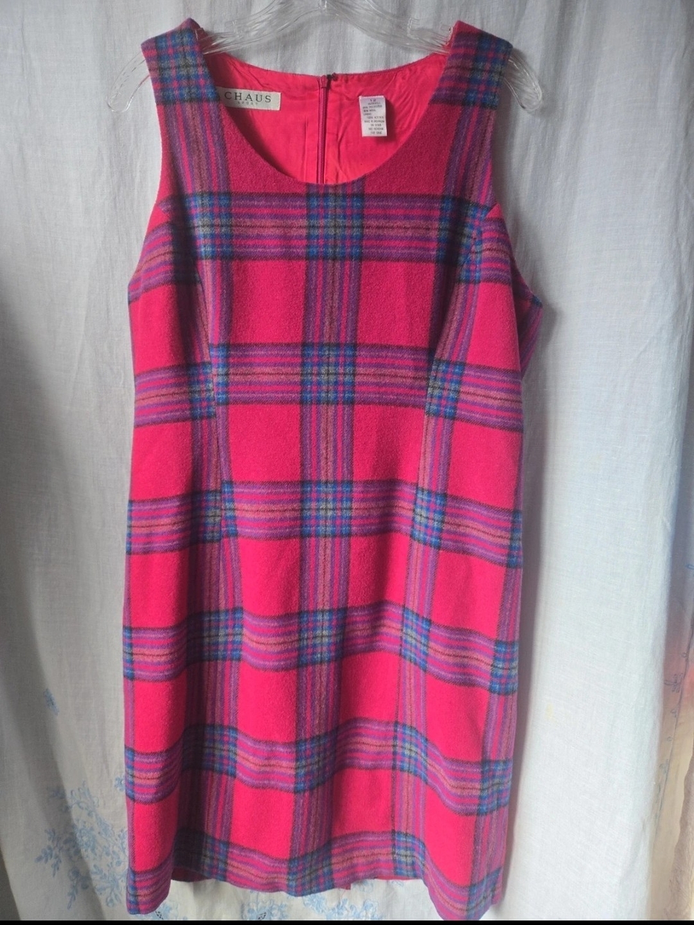 Vintage Retro Chaus Pink Plaid Sleeveless Shift Dress
